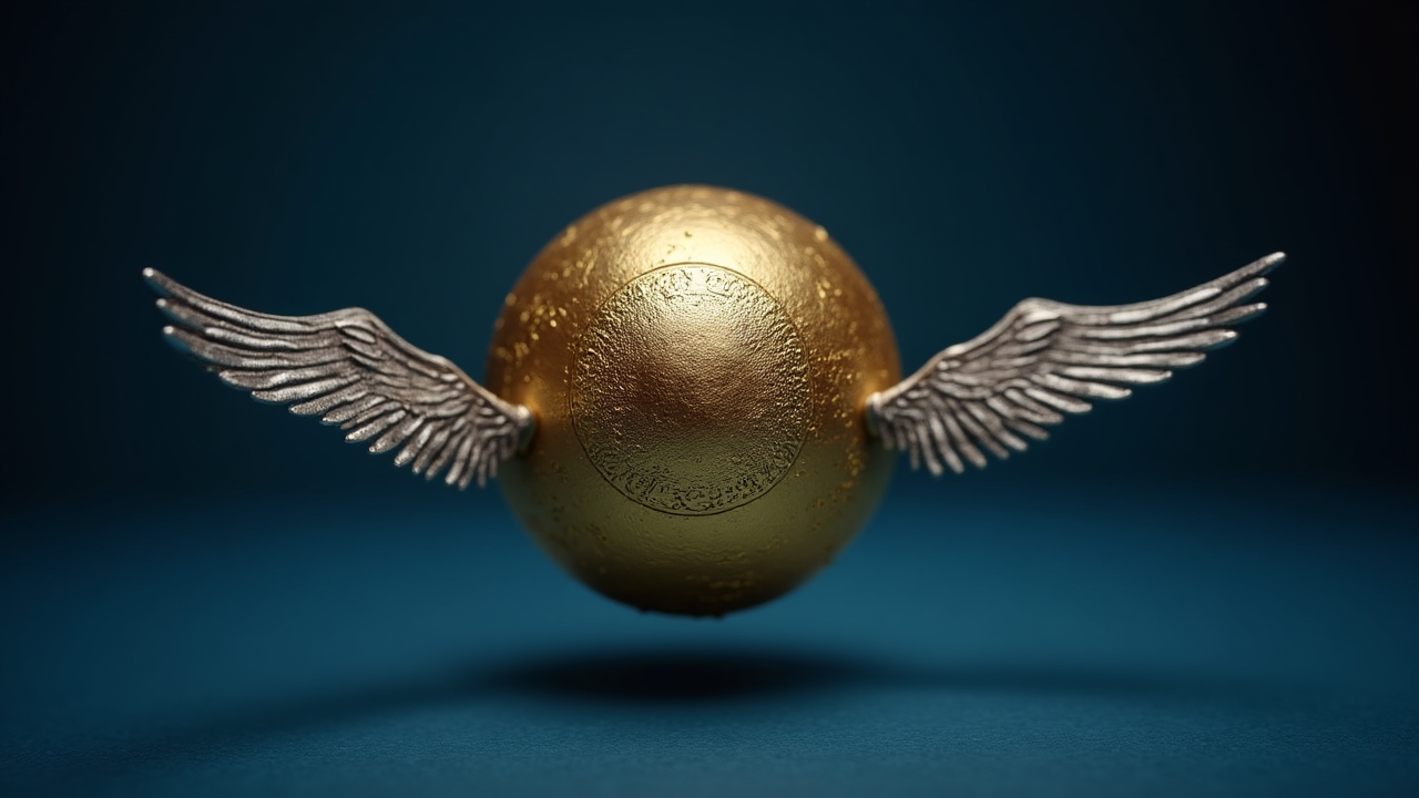 Golden Snitch replica with detailed wing designs suspended in display case