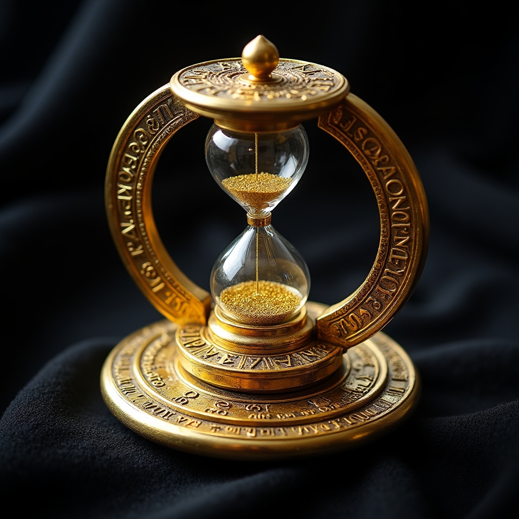 Detailed replica of a Time-Turner with intricate golden metalwork and magical sand