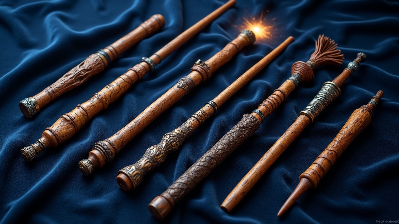 Collection of handcrafted wands with unique designs and magical cores